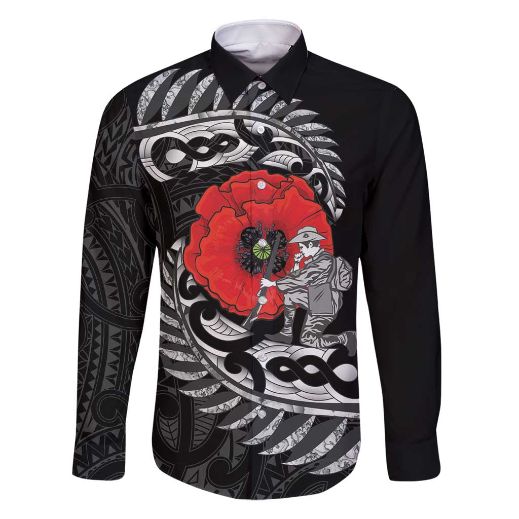 ANZAC Day Aotearoa Silver Fern Maori Personalised Family Matching Mermaid Dress and Hawaiian Shirt LT9 Dad's Shirt - Long Sleeve Black - Polynesian Pride