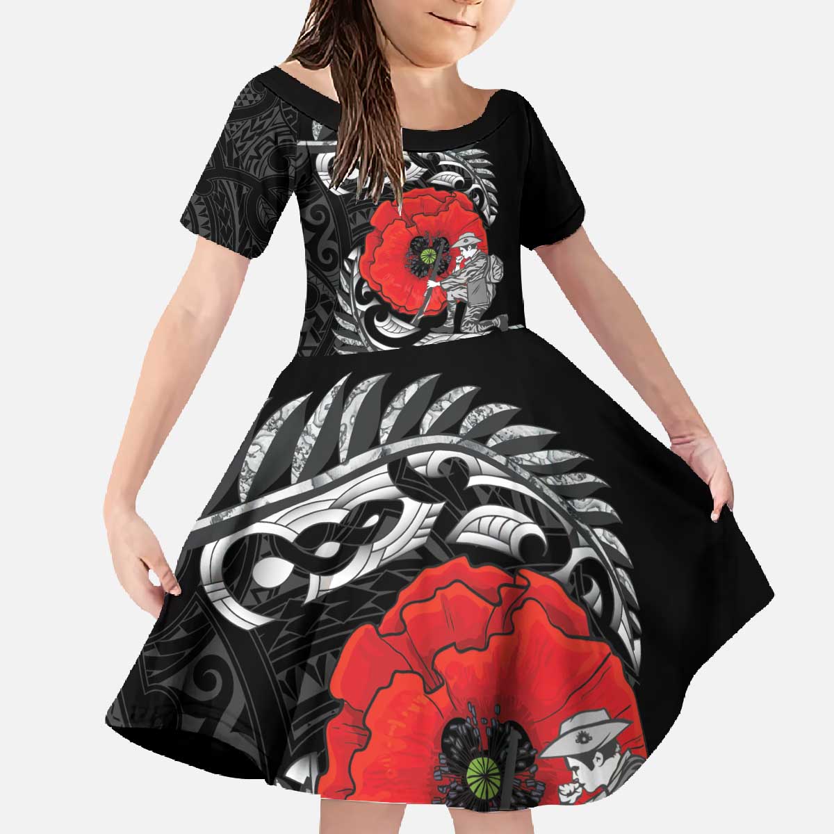 ANZAC Day Aotearoa Silver Fern Maori Personalised Family Matching Off The Shoulder Long Sleeve Dress and Hawaiian Shirt LT9 Daughter's Dress Black - Polynesian Pride