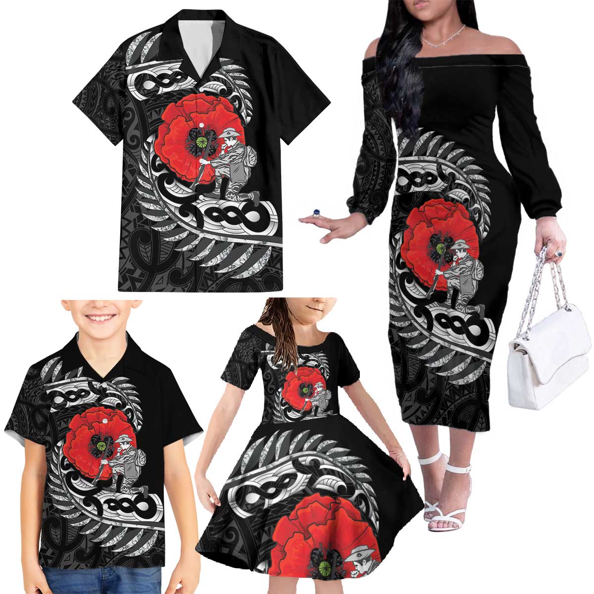 ANZAC Day Aotearoa Silver Fern Maori Personalised Family Matching Off The Shoulder Long Sleeve Dress and Hawaiian Shirt