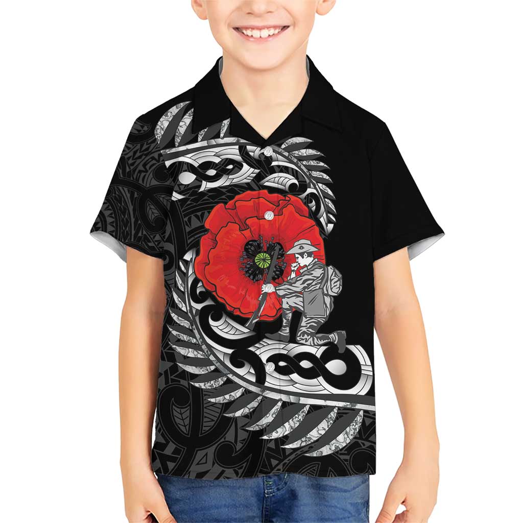 ANZAC Day Aotearoa Silver Fern Maori Personalised Family Matching Short Sleeve Bodycon Dress and Hawaiian Shirt LT9 Son's Shirt Black - Polynesian Pride