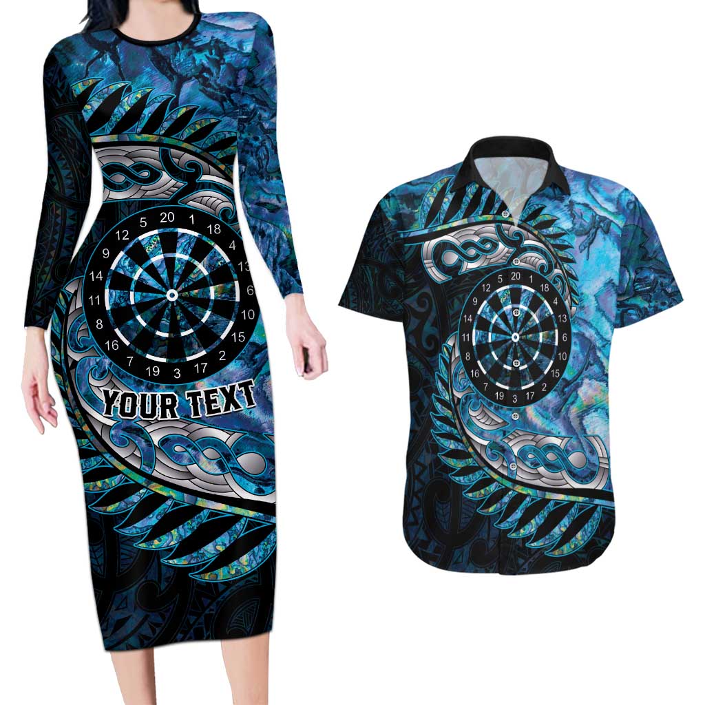 New Zealand Darts Personalised Couples Matching Long Sleeve Bodycon Dress and Hawaiian Shirt Aotearoa Silver Fern Blue Papua Shell Spirit