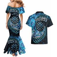 New Zealand Darts Personalised Couples Matching Mermaid Dress and Hawaiian Shirt Aotearoa Silver Fern Blue Papua Shell Spirit
