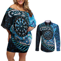 New Zealand Darts Personalised Couples Matching Off Shoulder Short Dress and Long Sleeve Button Shirt Aotearoa Silver Fern Blue Papua Shell Spirit
