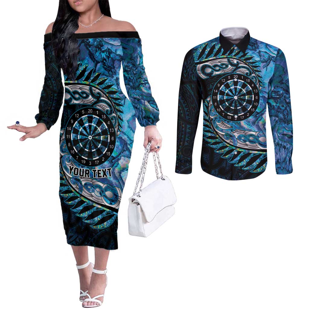 New Zealand Darts Personalised Couples Matching Off The Shoulder Long Sleeve Dress and Long Sleeve Button Shirt Aotearoa Silver Fern Blue Papua Shell Spirit