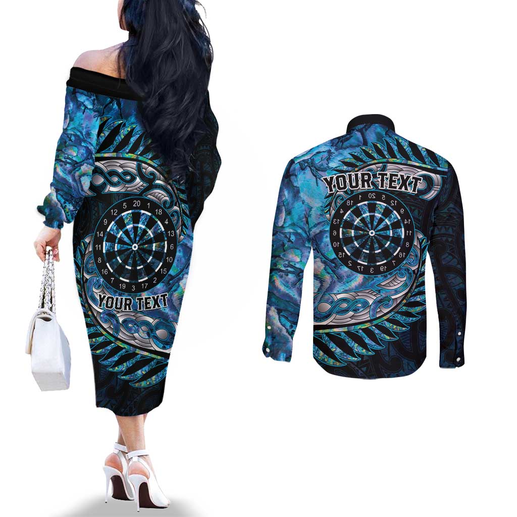 New Zealand Darts Personalised Couples Matching Off The Shoulder Long Sleeve Dress and Long Sleeve Button Shirt Aotearoa Silver Fern Blue Papua Shell Spirit