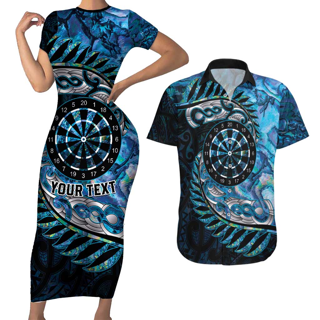 New Zealand Darts Personalised Couples Matching Short Sleeve Bodycon Dress and Hawaiian Shirt Aotearoa Silver Fern Blue Papua Shell Spirit