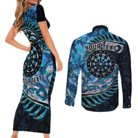 New Zealand Darts Personalised Couples Matching Short Sleeve Bodycon Dress and Long Sleeve Button Shirt Aotearoa Silver Fern Blue Papua Shell Spirit