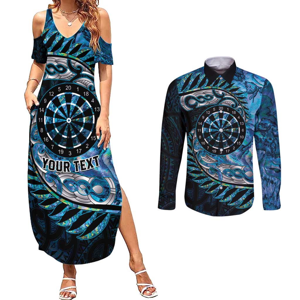 New Zealand Darts Personalised Couples Matching Summer Maxi Dress and Long Sleeve Button Shirt Aotearoa Silver Fern Blue Papua Shell Spirit