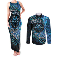 New Zealand Darts Personalised Couples Matching Tank Maxi Dress and Long Sleeve Button Shirt Aotearoa Silver Fern Blue Papua Shell Spirit