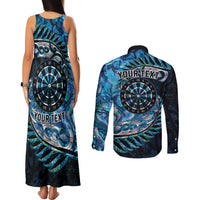 New Zealand Darts Personalised Couples Matching Tank Maxi Dress and Long Sleeve Button Shirt Aotearoa Silver Fern Blue Papua Shell Spirit