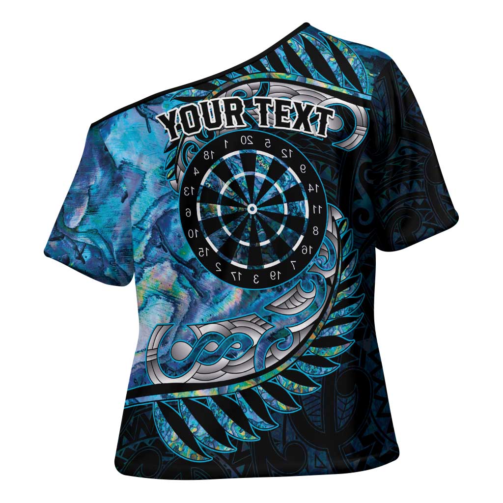 New Zealand Darts Personalised Cross Shoulder Shirt Aotearoa Silver Fern Blue Papua Shell Spirit - Polynesian Pride