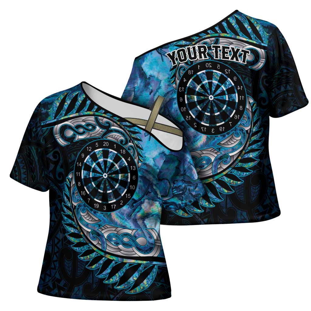 New Zealand Darts Personalised Cross Shoulder Shirt Aotearoa Silver Fern Blue Papua Shell Spirit - Polynesian Pride