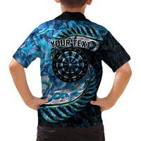 New Zealand Darts Personalised Family Matching Long Sleeve Bodycon Dress and Hawaiian Shirt Aotearoa Silver Fern Blue Papua Shell Spirit