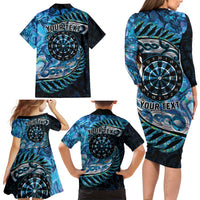 New Zealand Darts Personalised Family Matching Long Sleeve Bodycon Dress and Hawaiian Shirt Aotearoa Silver Fern Blue Papua Shell Spirit