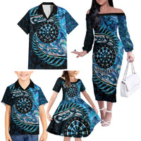 New Zealand Darts Personalised Family Matching Off The Shoulder Long Sleeve Dress and Hawaiian Shirt Aotearoa Silver Fern Blue Papua Shell Spirit