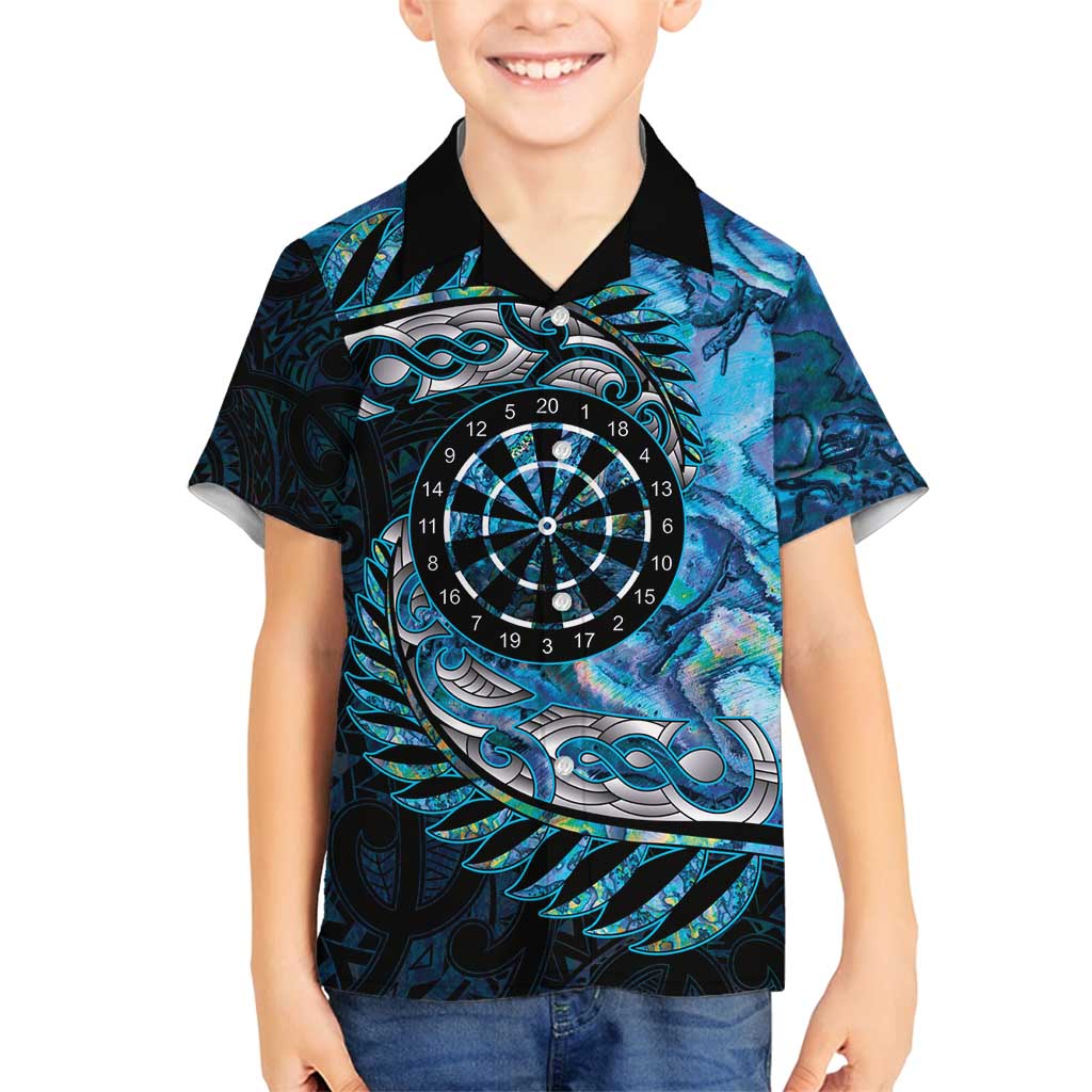 New Zealand Darts Personalised Family Matching Off Shoulder Maxi Dress and Hawaiian Shirt Aotearoa Silver Fern Blue Papua Shell Spirit LT9 Son's Shirt Blue - Polynesian Pride