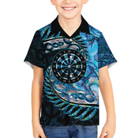 New Zealand Darts Personalised Family Matching Off Shoulder Maxi Dress and Hawaiian Shirt Aotearoa Silver Fern Blue Papua Shell Spirit LT9 Son's Shirt Blue - Polynesian Pride