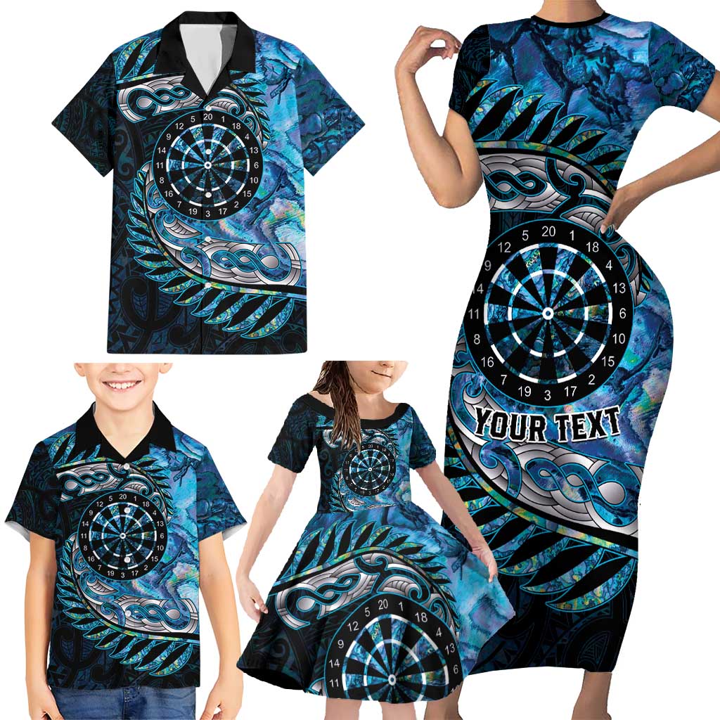New Zealand Darts Personalised Family Matching Short Sleeve Bodycon Dress and Hawaiian Shirt Aotearoa Silver Fern Blue Papua Shell Spirit