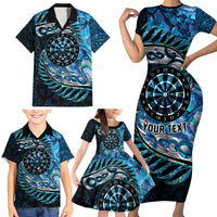 New Zealand Darts Personalised Family Matching Short Sleeve Bodycon Dress and Hawaiian Shirt Aotearoa Silver Fern Blue Papua Shell Spirit
