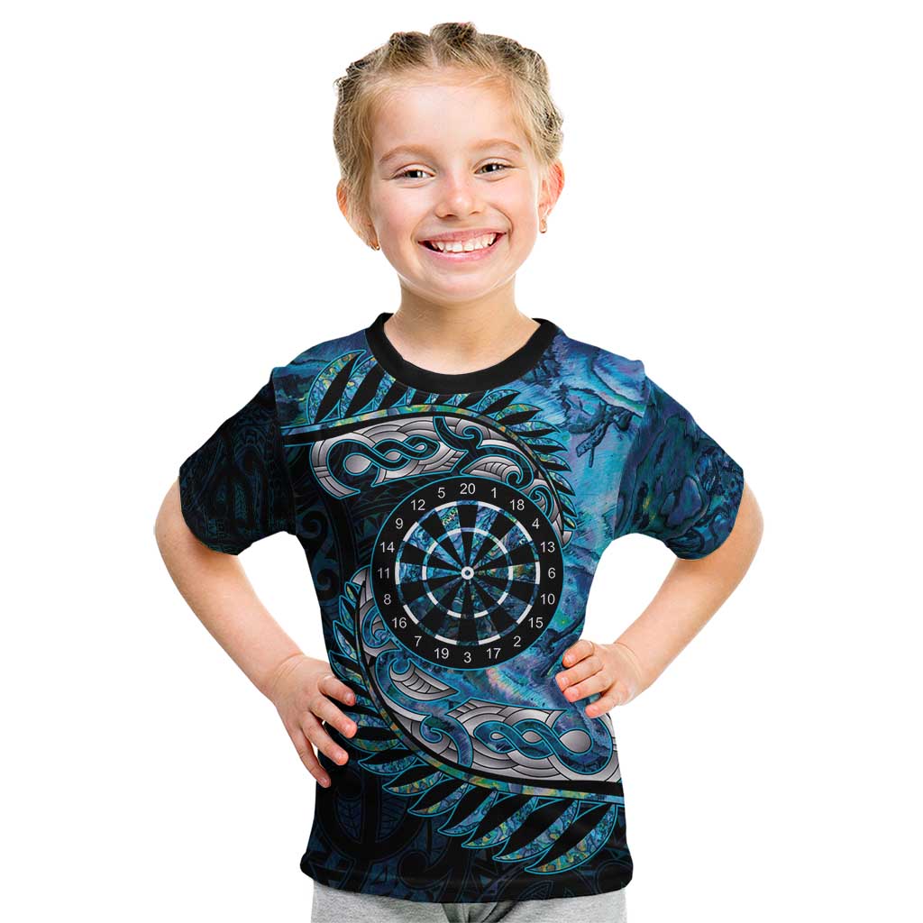 New Zealand Darts Personalised Kid T Shirt Aotearoa Silver Fern Blue Papua Shell Spirit