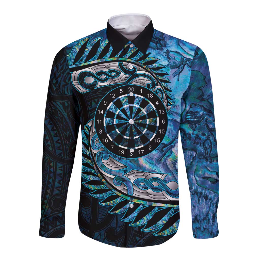 New Zealand Darts Personalised Long Sleeve Button Shirt Aotearoa Silver Fern Blue Papua Shell Spirit