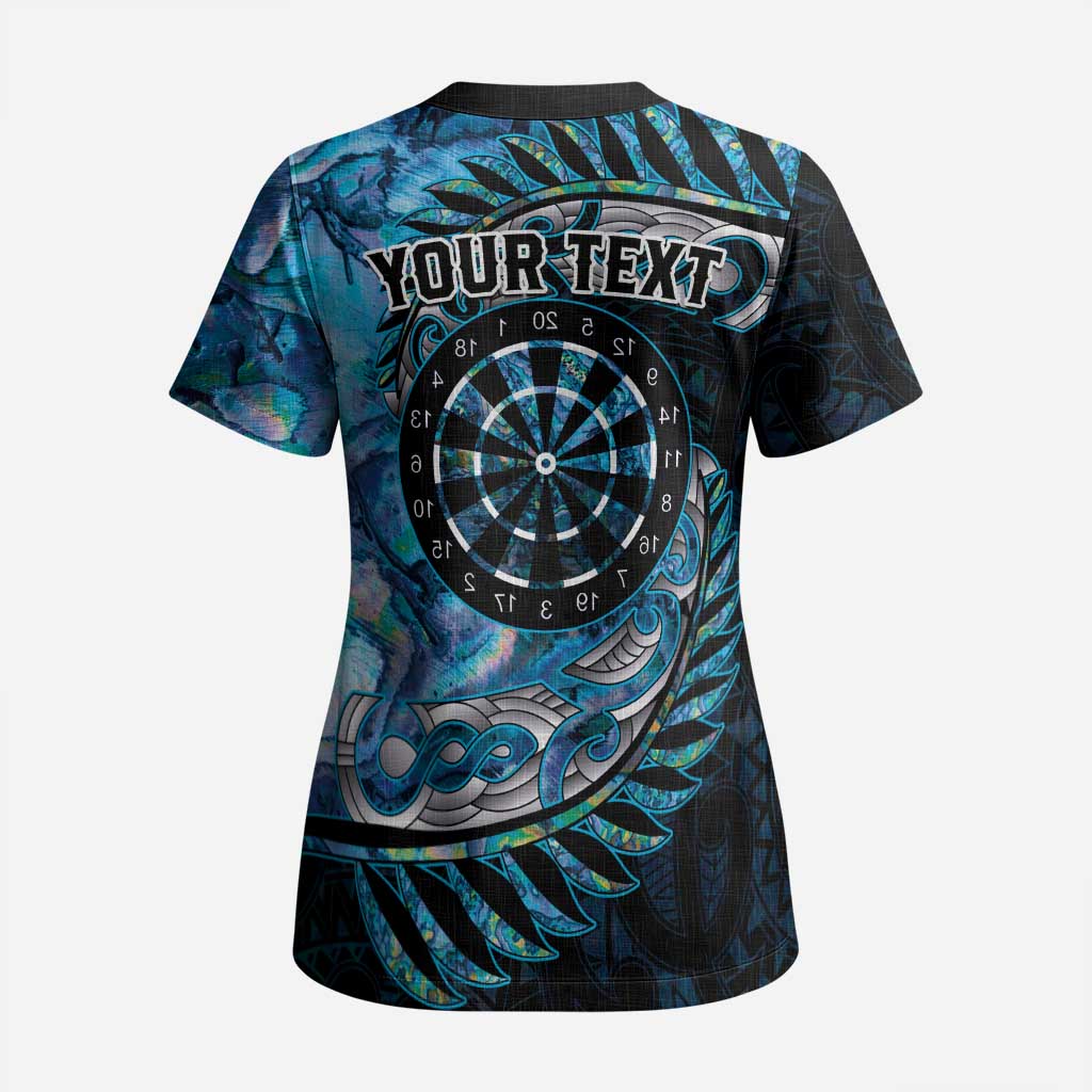 New Zealand Darts Personalised Scrub Top Aotearoa Silver Fern Blue Papua Shell Spirit - Polynesian Pride