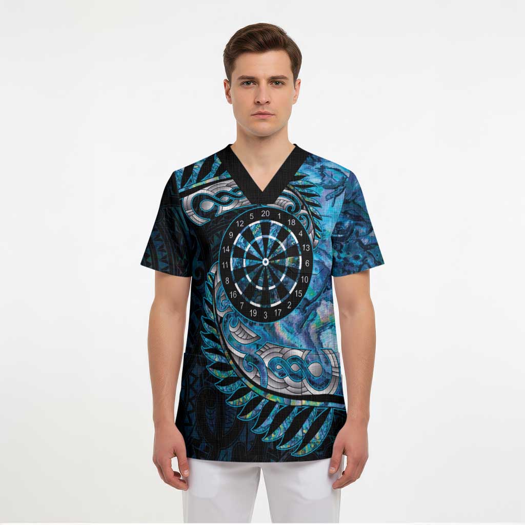 New Zealand Darts Personalised Scrub Top Aotearoa Silver Fern Blue Papua Shell Spirit - Polynesian Pride