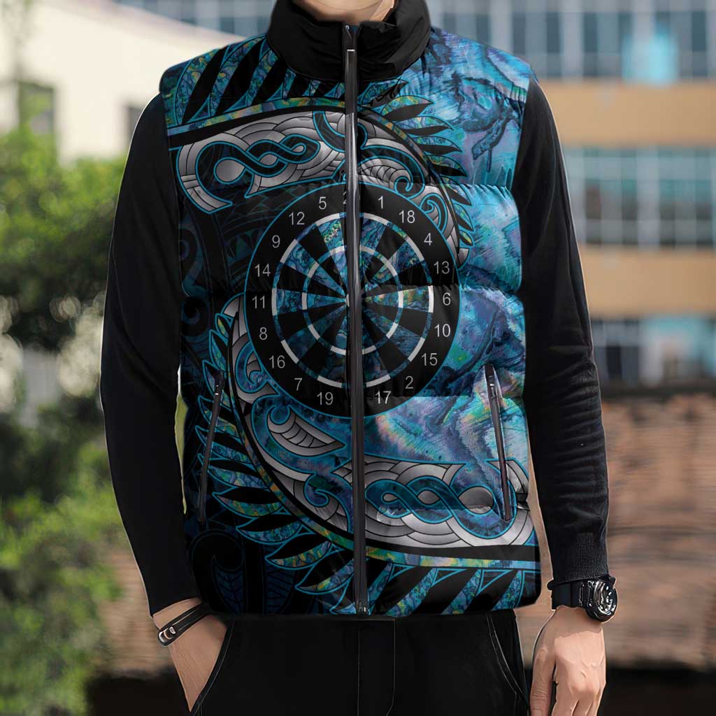 New Zealand Darts Personalised Sleeveless Puffer Jacket Aotearoa Silver Fern Blue Papua Shell Spirit - Polynesian Pride