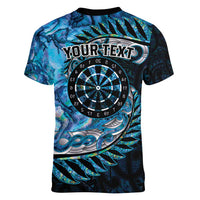 New Zealand Darts Personalised Women V-Neck T-Shirt Aotearoa Silver Fern Blue Papua Shell Spirit