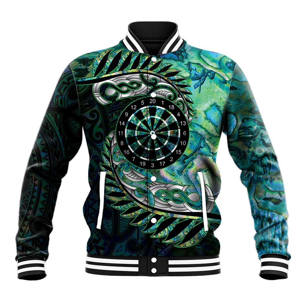 New Zealand Darts Personalised Baseball Jacket Aotearoa Silver Fern Green Papua Shell Spirit