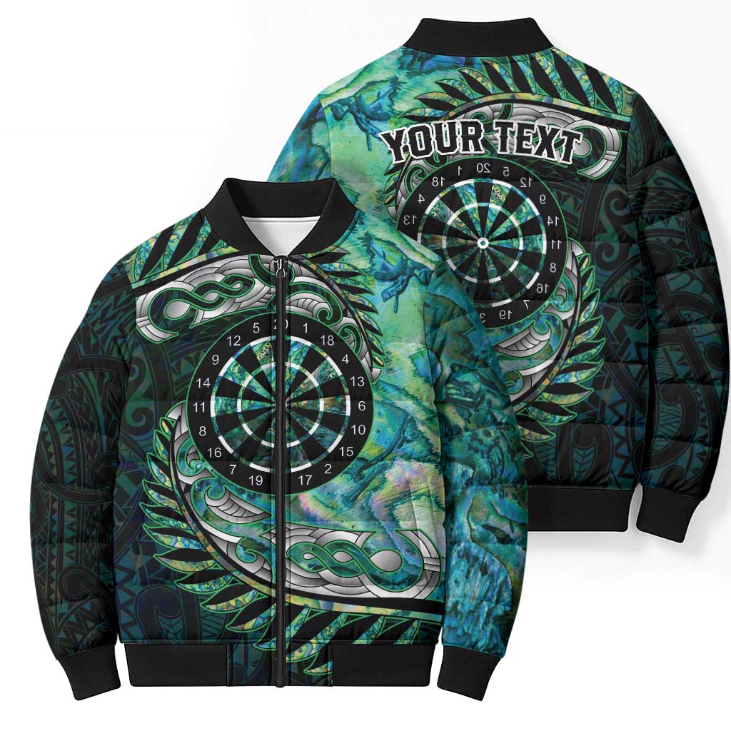 New Zealand Darts Personalised Bomber Puffer Jacket Aotearoa Silver Fern Green Papua Shell Spirit - Polynesian Pride