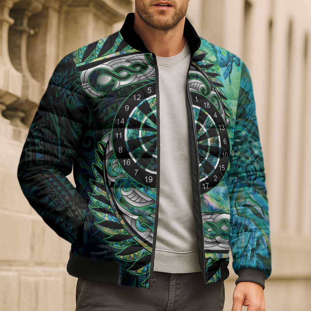 New Zealand Darts Personalised Bomber Puffer Jacket Aotearoa Silver Fern Green Papua Shell Spirit - Polynesian Pride