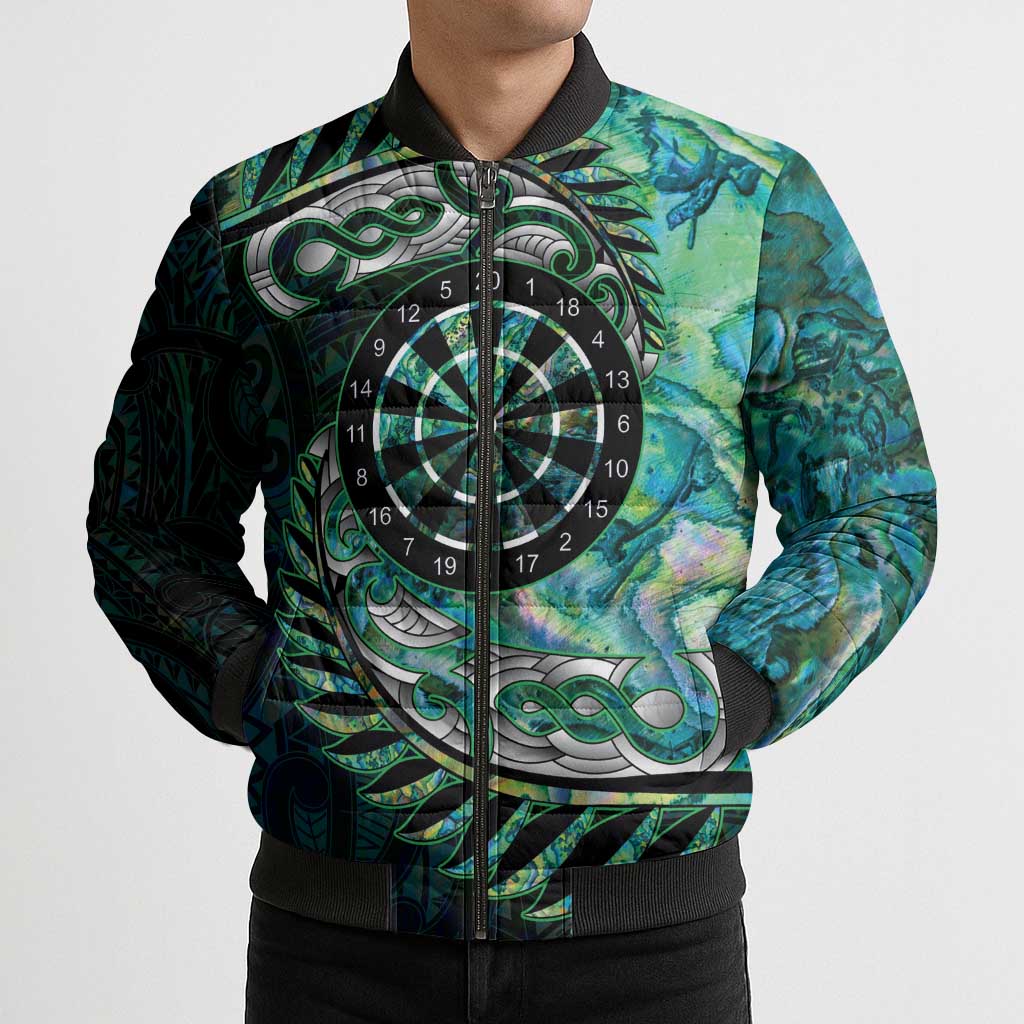 New Zealand Darts Personalised Bomber Puffer Jacket Aotearoa Silver Fern Green Papua Shell Spirit - Polynesian Pride