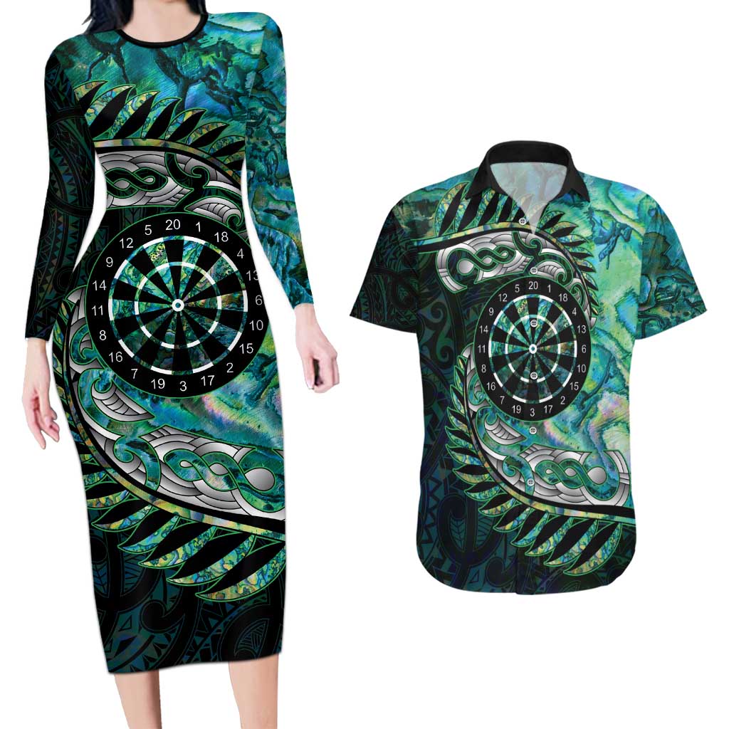 New Zealand Darts Personalised Couples Matching Long Sleeve Bodycon Dress and Hawaiian Shirt Aotearoa Silver Fern Green Papua Shell Spirit