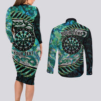 New Zealand Darts Personalised Couples Matching Long Sleeve Bodycon Dress and Long Sleeve Button Shirt Aotearoa Silver Fern Green Papua Shell Spirit