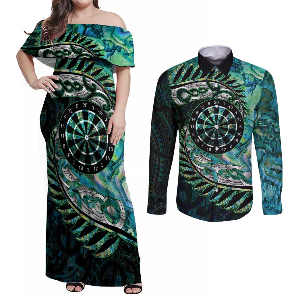 New Zealand Darts Personalised Couples Matching Off Shoulder Maxi Dress and Long Sleeve Button Shirt Aotearoa Silver Fern Green Papua Shell Spirit