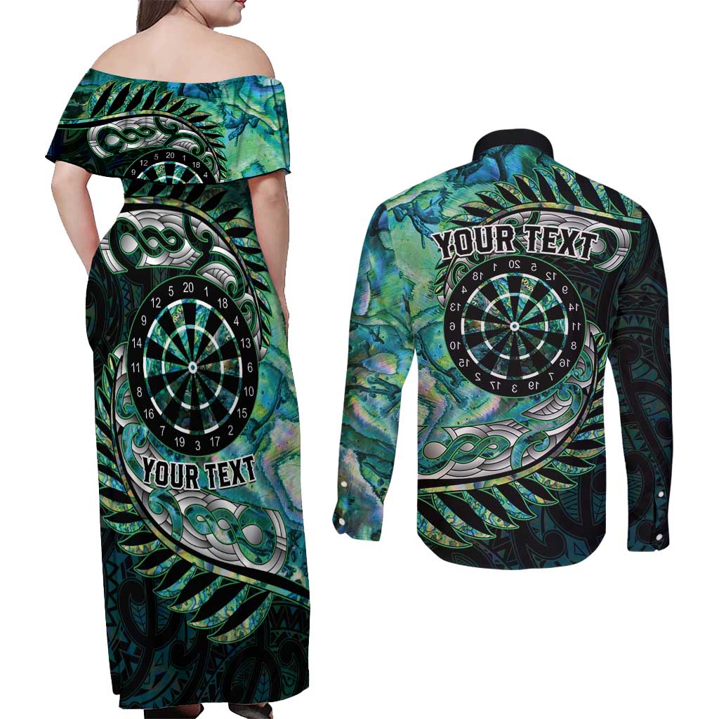New Zealand Darts Personalised Couples Matching Off Shoulder Maxi Dress and Long Sleeve Button Shirt Aotearoa Silver Fern Green Papua Shell Spirit