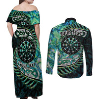 New Zealand Darts Personalised Couples Matching Off Shoulder Maxi Dress and Long Sleeve Button Shirt Aotearoa Silver Fern Green Papua Shell Spirit