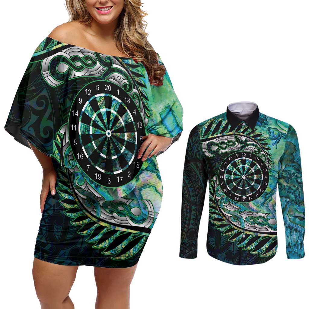 New Zealand Darts Personalised Couples Matching Off Shoulder Short Dress and Long Sleeve Button Shirt Aotearoa Silver Fern Green Papua Shell Spirit