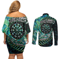 New Zealand Darts Personalised Couples Matching Off Shoulder Short Dress and Long Sleeve Button Shirt Aotearoa Silver Fern Green Papua Shell Spirit