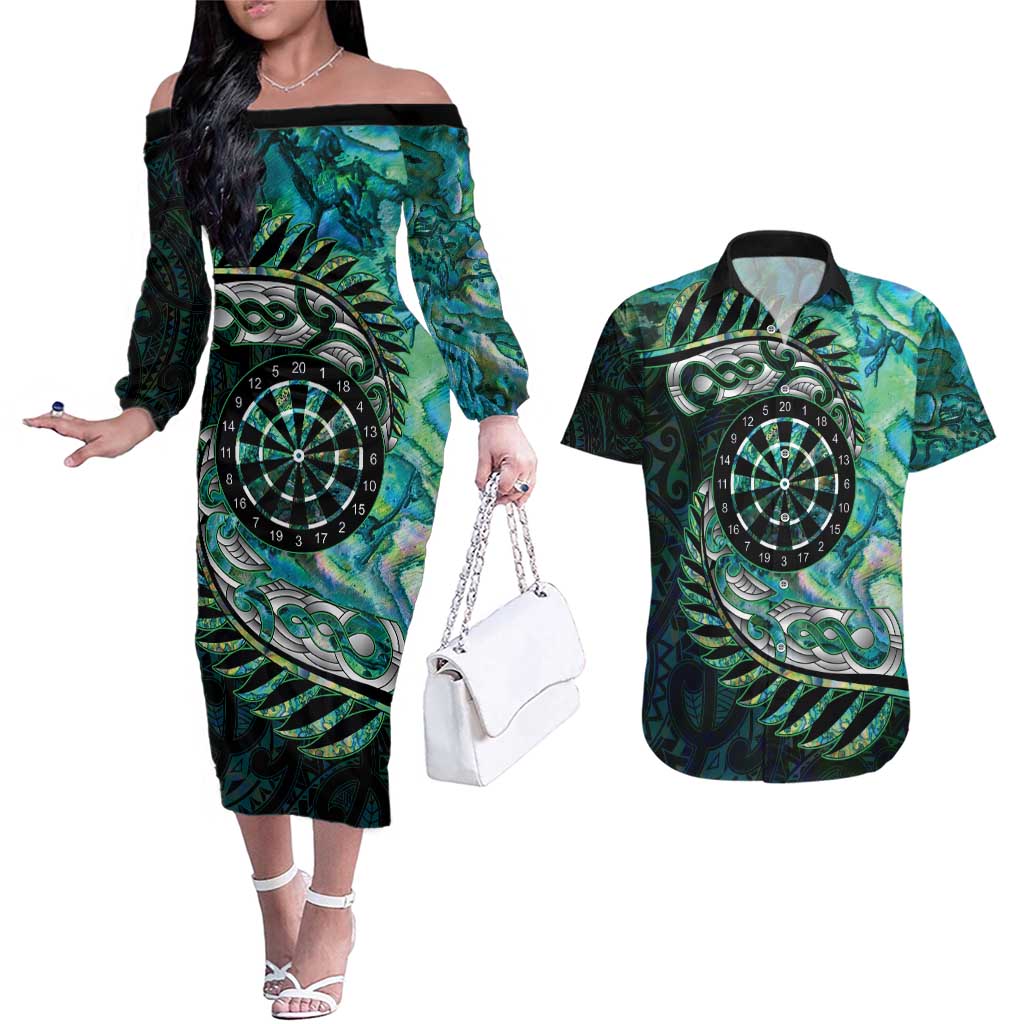New Zealand Darts Personalised Couples Matching Off The Shoulder Long Sleeve Dress and Hawaiian Shirt Aotearoa Silver Fern Green Papua Shell Spirit