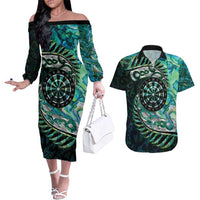 New Zealand Darts Personalised Couples Matching Off The Shoulder Long Sleeve Dress and Hawaiian Shirt Aotearoa Silver Fern Green Papua Shell Spirit
