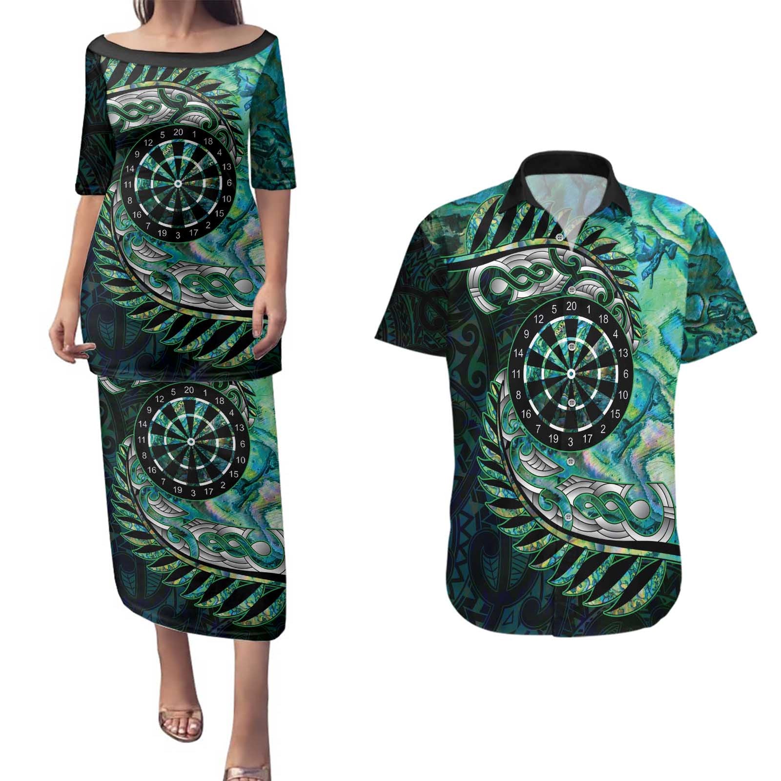 New Zealand Darts Personalised Couples Matching Puletasi and Hawaiian Shirt Aotearoa Silver Fern Green Papua Shell Spirit