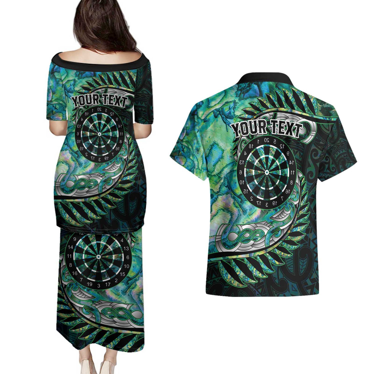 New Zealand Darts Personalised Couples Matching Puletasi and Hawaiian Shirt Aotearoa Silver Fern Green Papua Shell Spirit