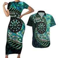 New Zealand Darts Personalised Couples Matching Short Sleeve Bodycon Dress and Hawaiian Shirt Aotearoa Silver Fern Green Papua Shell Spirit
