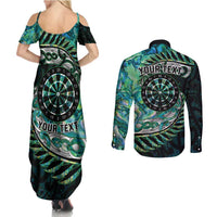 New Zealand Darts Personalised Couples Matching Summer Maxi Dress and Long Sleeve Button Shirt Aotearoa Silver Fern Green Papua Shell Spirit