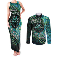 New Zealand Darts Personalised Couples Matching Tank Maxi Dress and Long Sleeve Button Shirt Aotearoa Silver Fern Green Papua Shell Spirit