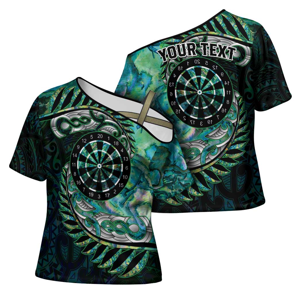 New Zealand Darts Personalised Cross Shoulder Shirt Aotearoa Silver Fern Green Papua Shell Spirit - Polynesian Pride