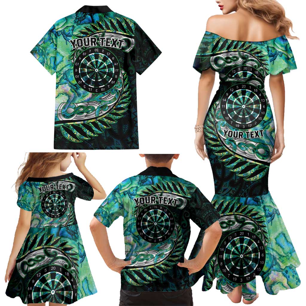 New Zealand Darts Personalised Family Matching Mermaid Dress and Hawaiian Shirt Aotearoa Silver Fern Green Papua Shell Spirit