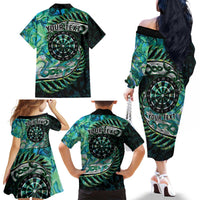 New Zealand Darts Personalised Family Matching Off The Shoulder Long Sleeve Dress and Hawaiian Shirt Aotearoa Silver Fern Green Papua Shell Spirit